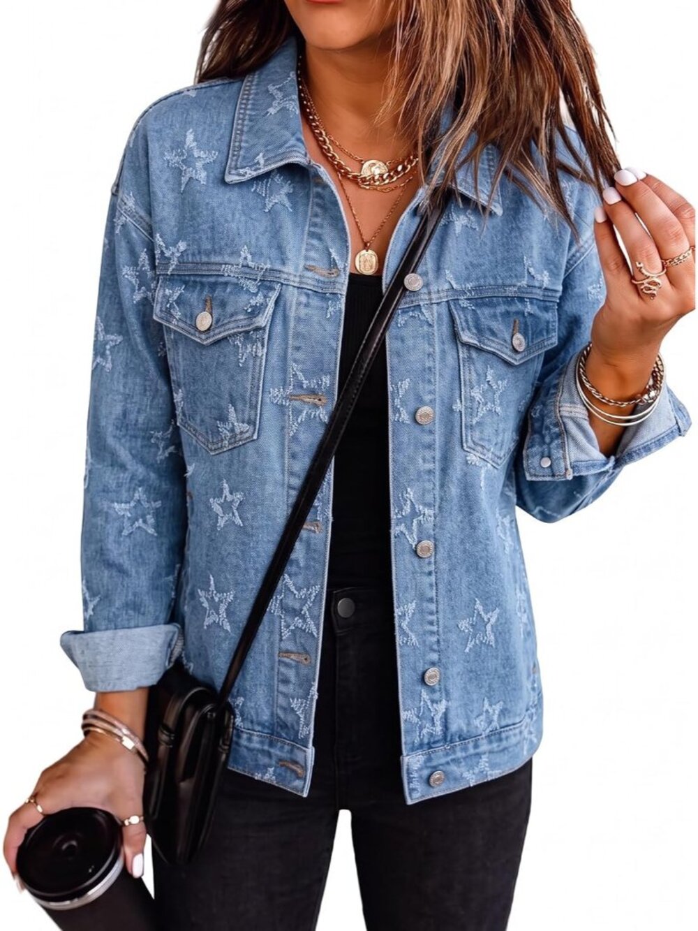 Womens Dusk Blue Button Down Oversized Coat Pockets Heart Star Denim Jean Jacket
